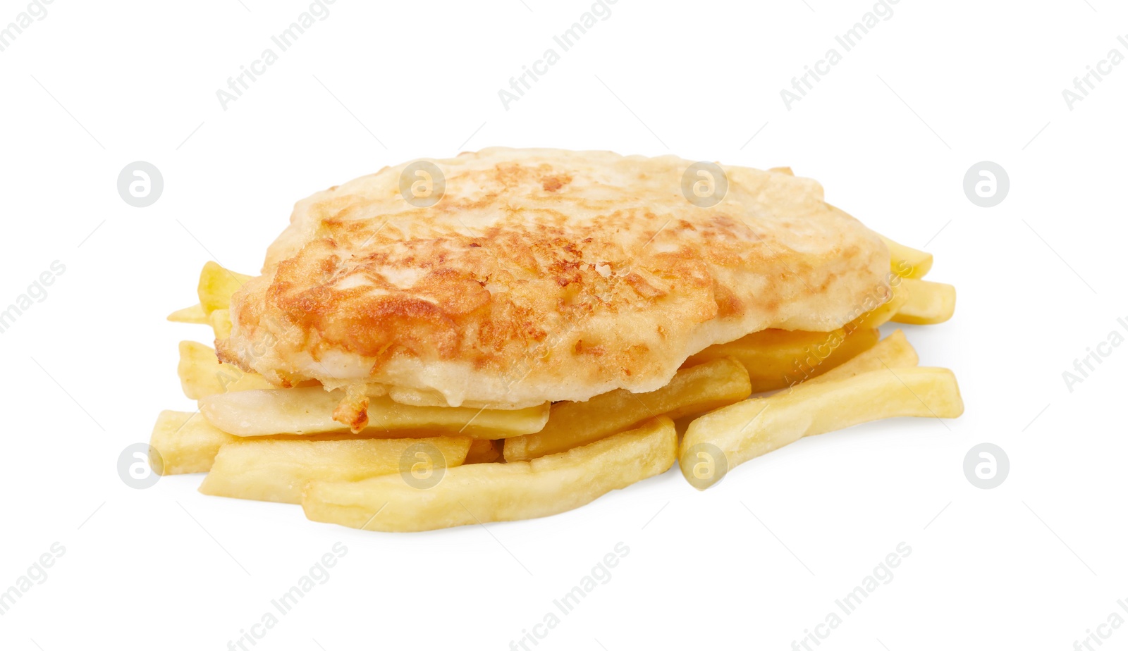 Photo of Tasty fish in soda water batter and potato chips isolated on white