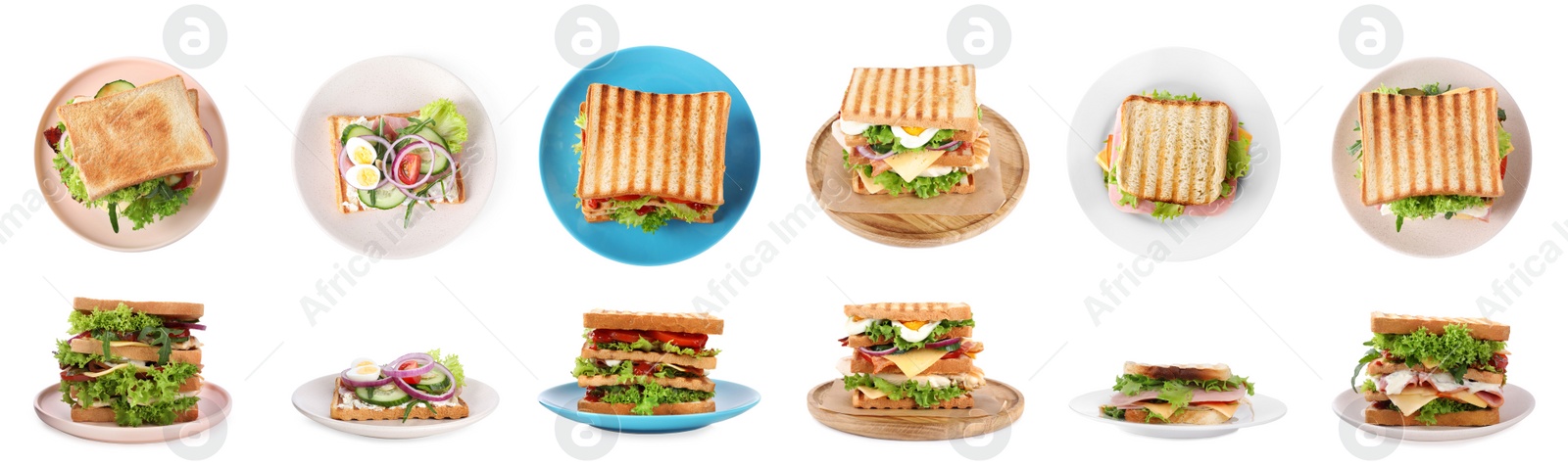 Image of Set of toasted bread with different toppings on white background, banner design 