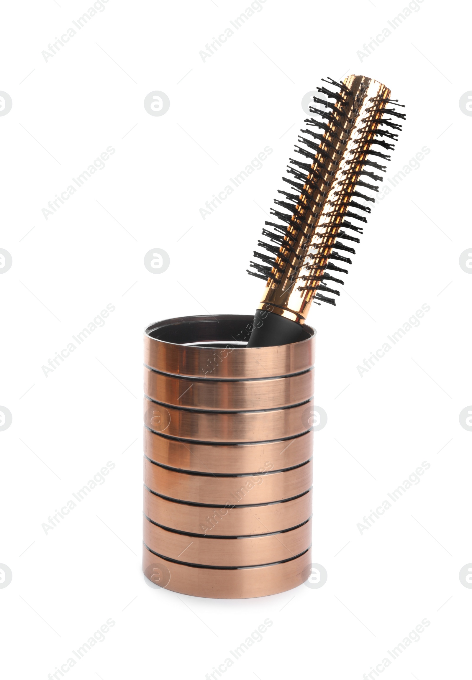 Photo of Modern hair brush in holder isolated on white