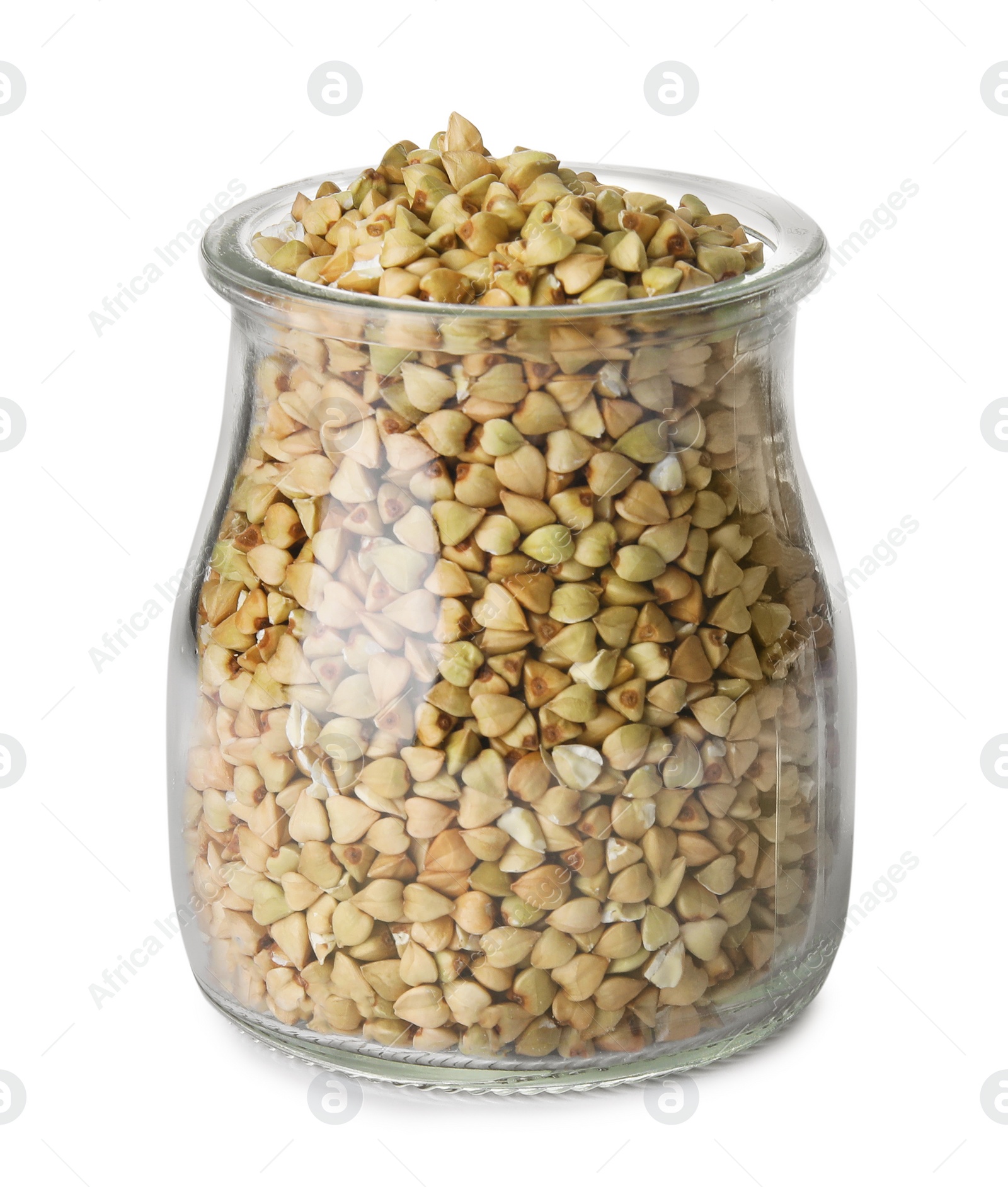 Photo of Uncooked green buckwheat grains in jar isolated on white