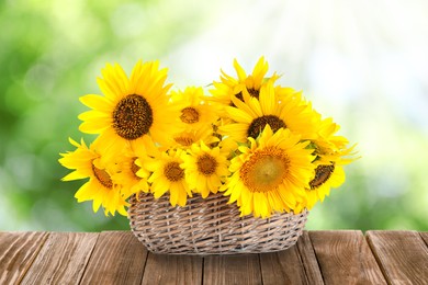 Beautiful sunflowers in wicker basket outdoors on wooden table. Bokeh effect