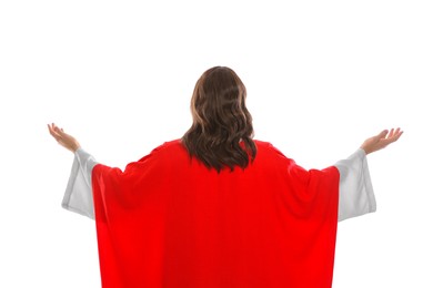 Photo of Jesus Christ with outstretched arms on white background, back view