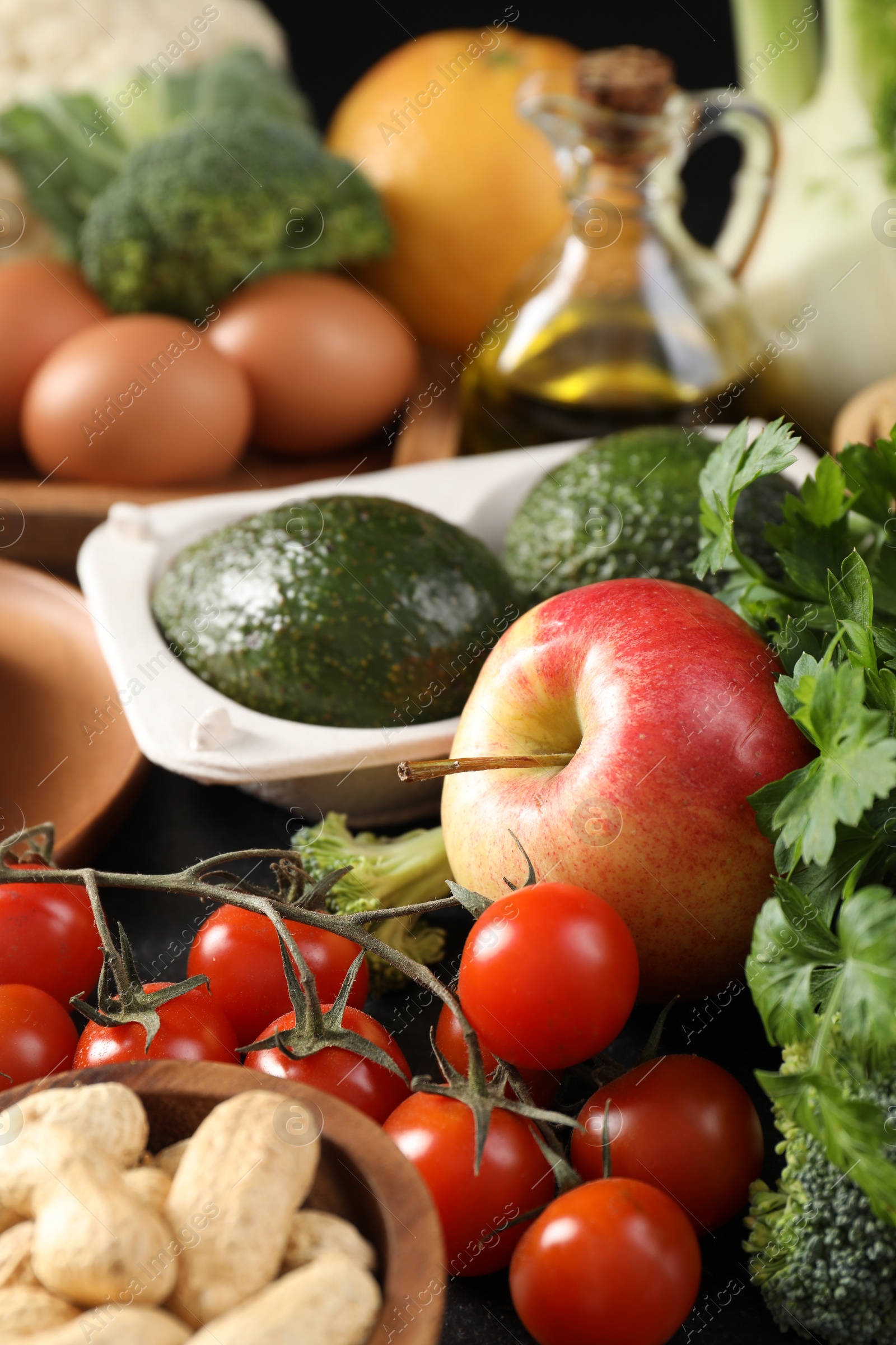 Photo of Many different healthy food on table, closeup