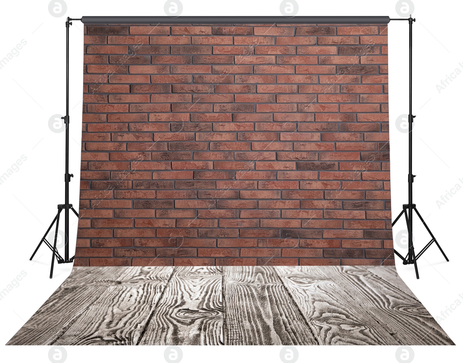 Image of Photo background with brick wall and wooden floor. Professional studio equipment