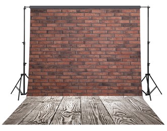 Photo background with brick wall and wooden floor. Professional studio equipment