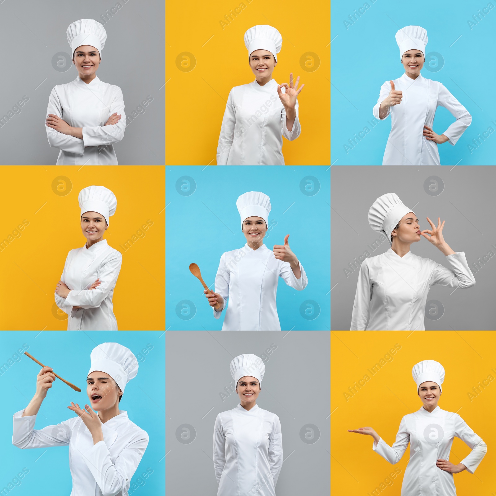 Image of Chef in uniform on different color backgrounds, collage design