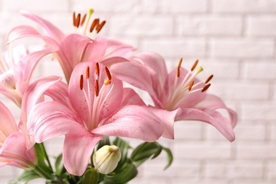 Photo of Beautiful blooming lily flowers on brick wall background