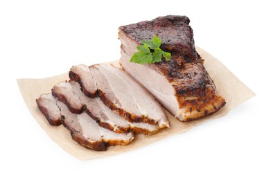 Photo of Pieces of tasty baked pork belly with parsley isolated on white