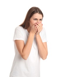 Photo of Woman suffering from nausea on white background. Food poisoning