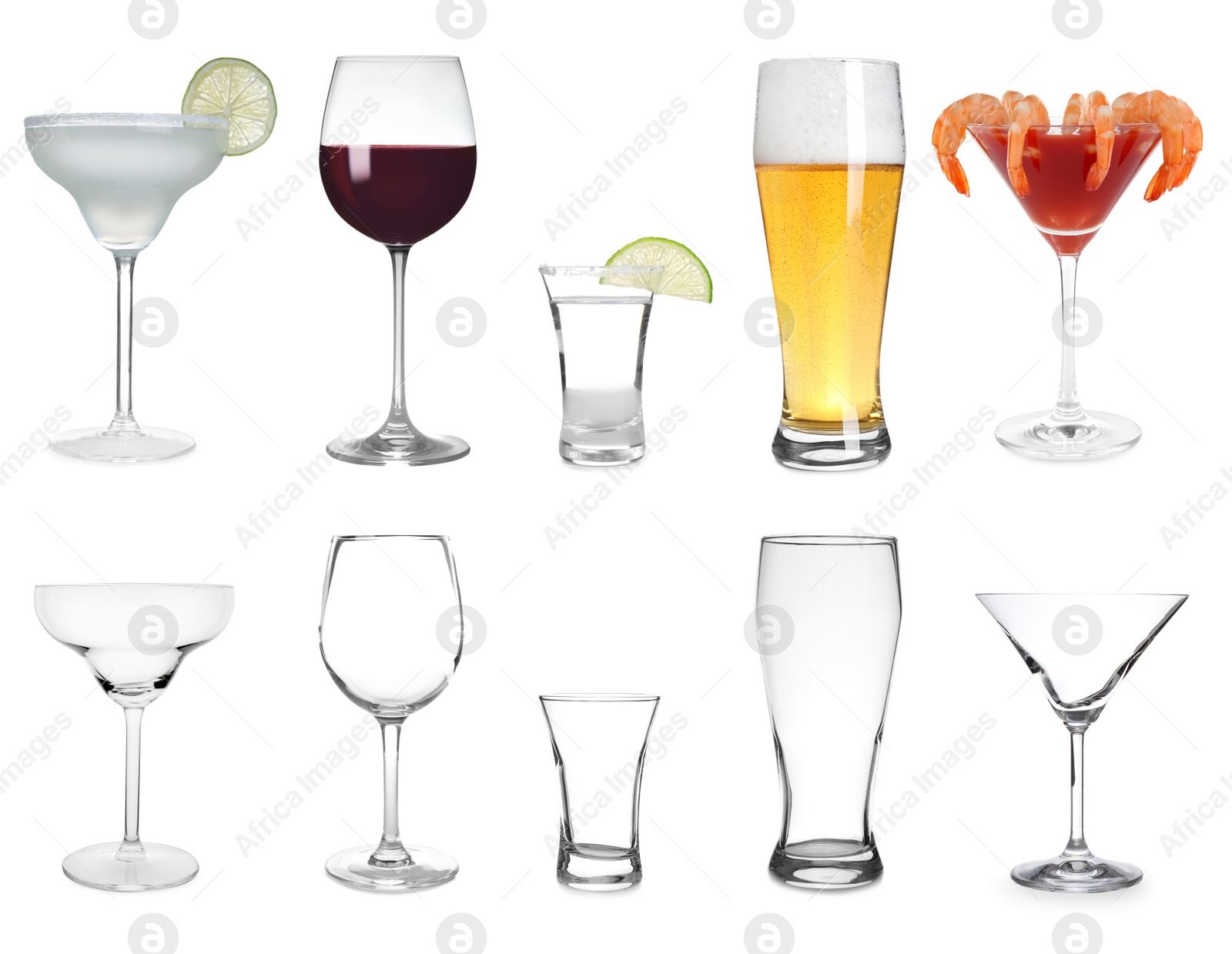 Image of Collage with full and empty glasses on white background