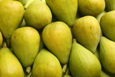 Many fresh green figs on table, above view