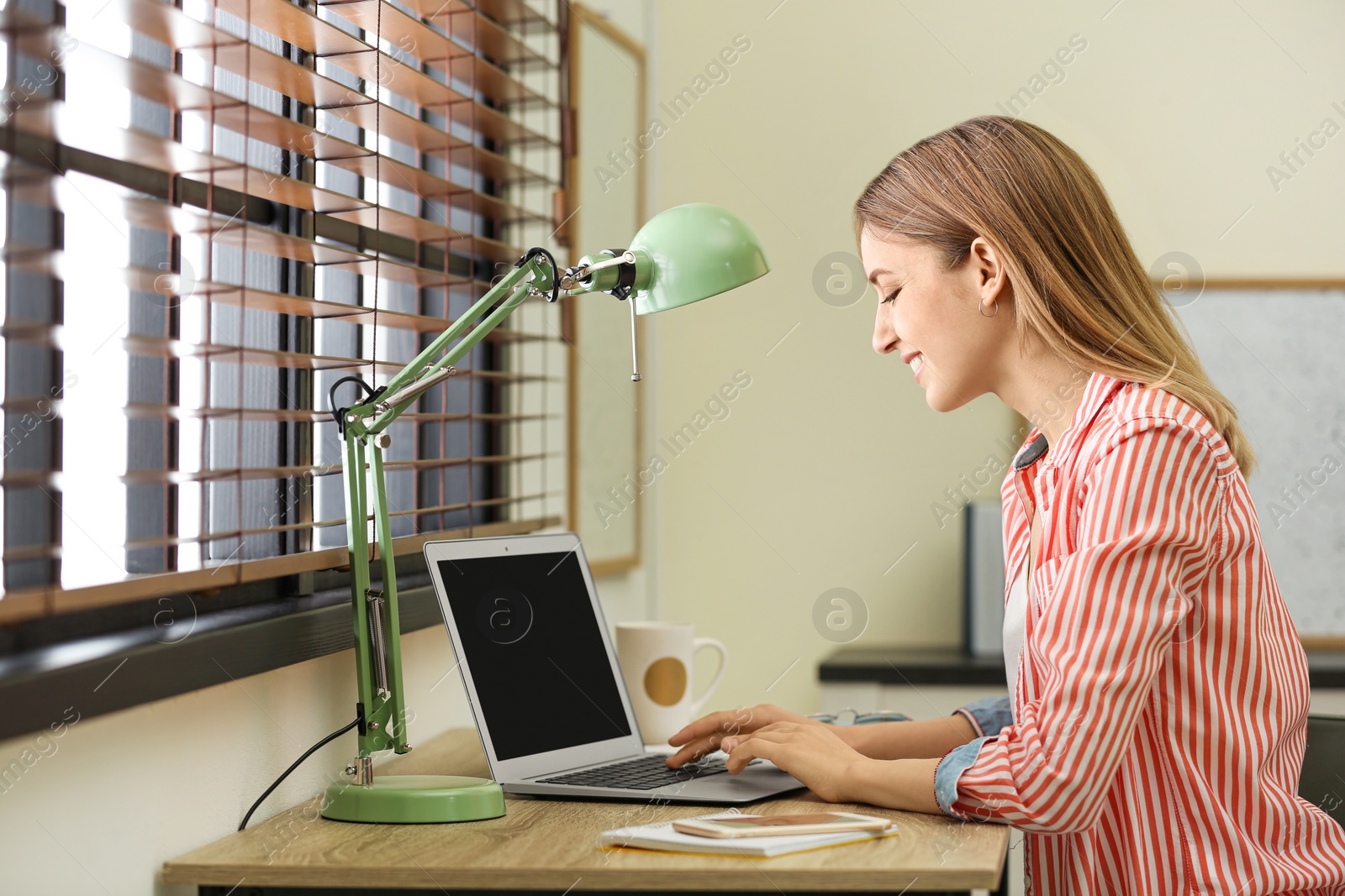 Image of Young woman working on laptop at home