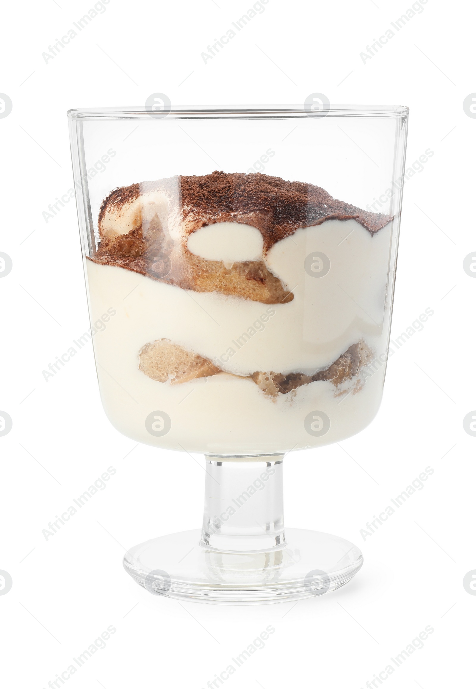 Photo of Delicious tiramisu in glass isolated on white