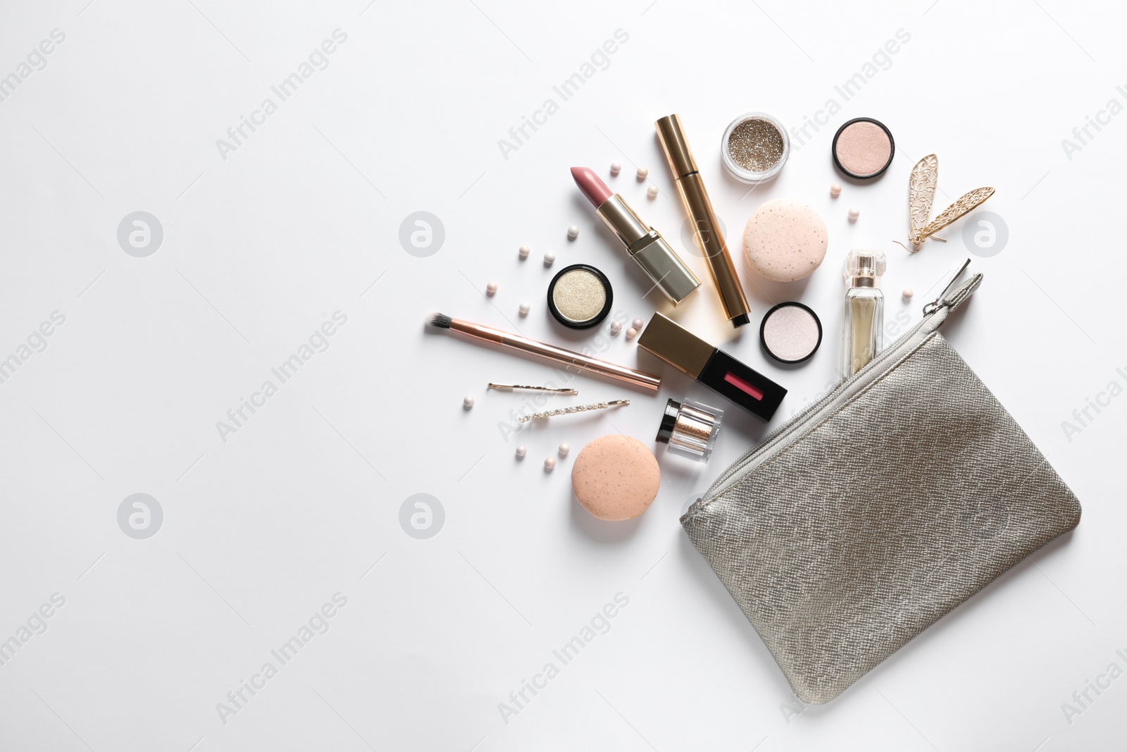 Photo of Set of luxury makeup products on white background, flat lay