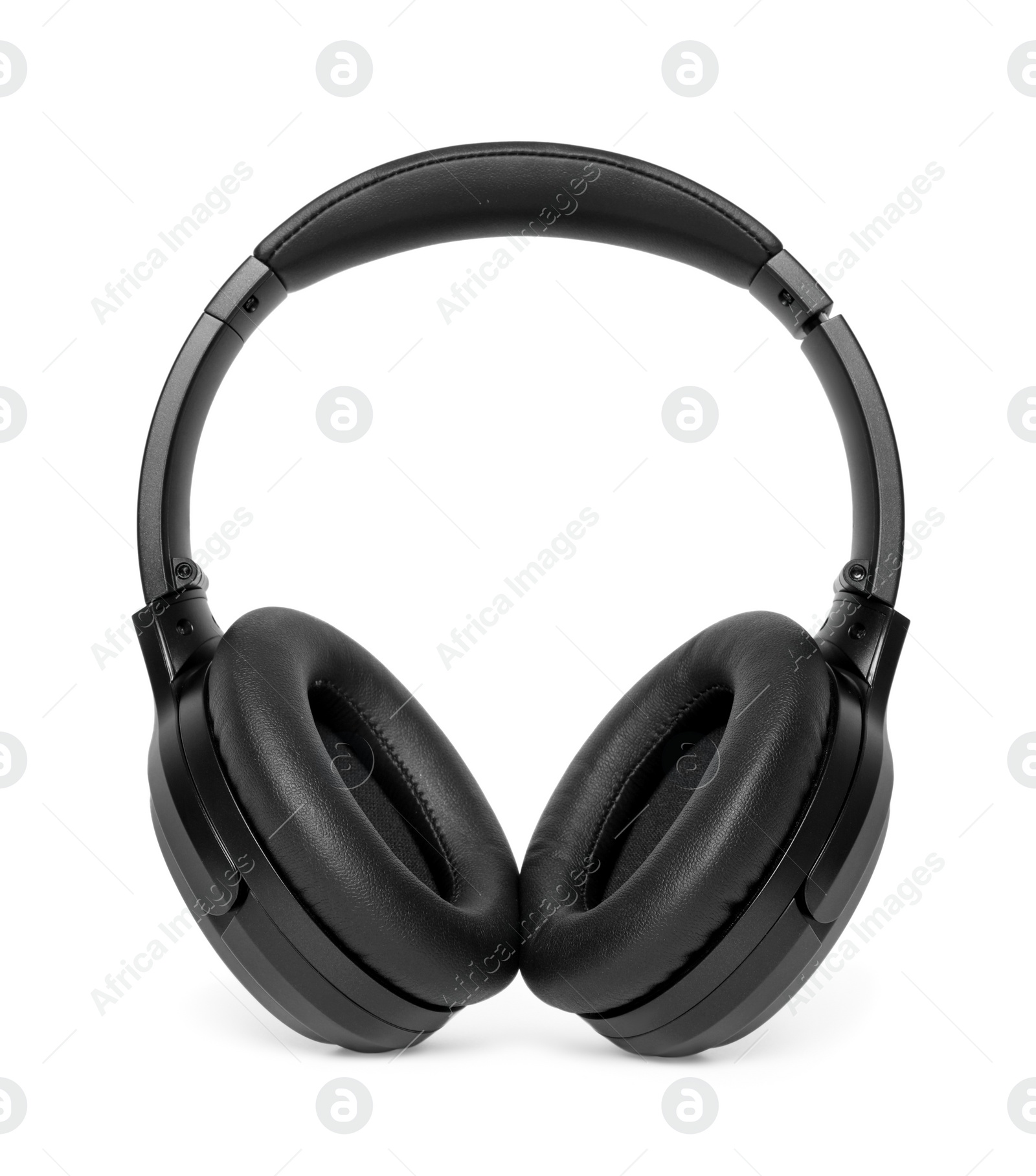 Photo of Modern black wireless headphones isolated on white