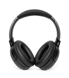 Modern black wireless headphones isolated on white