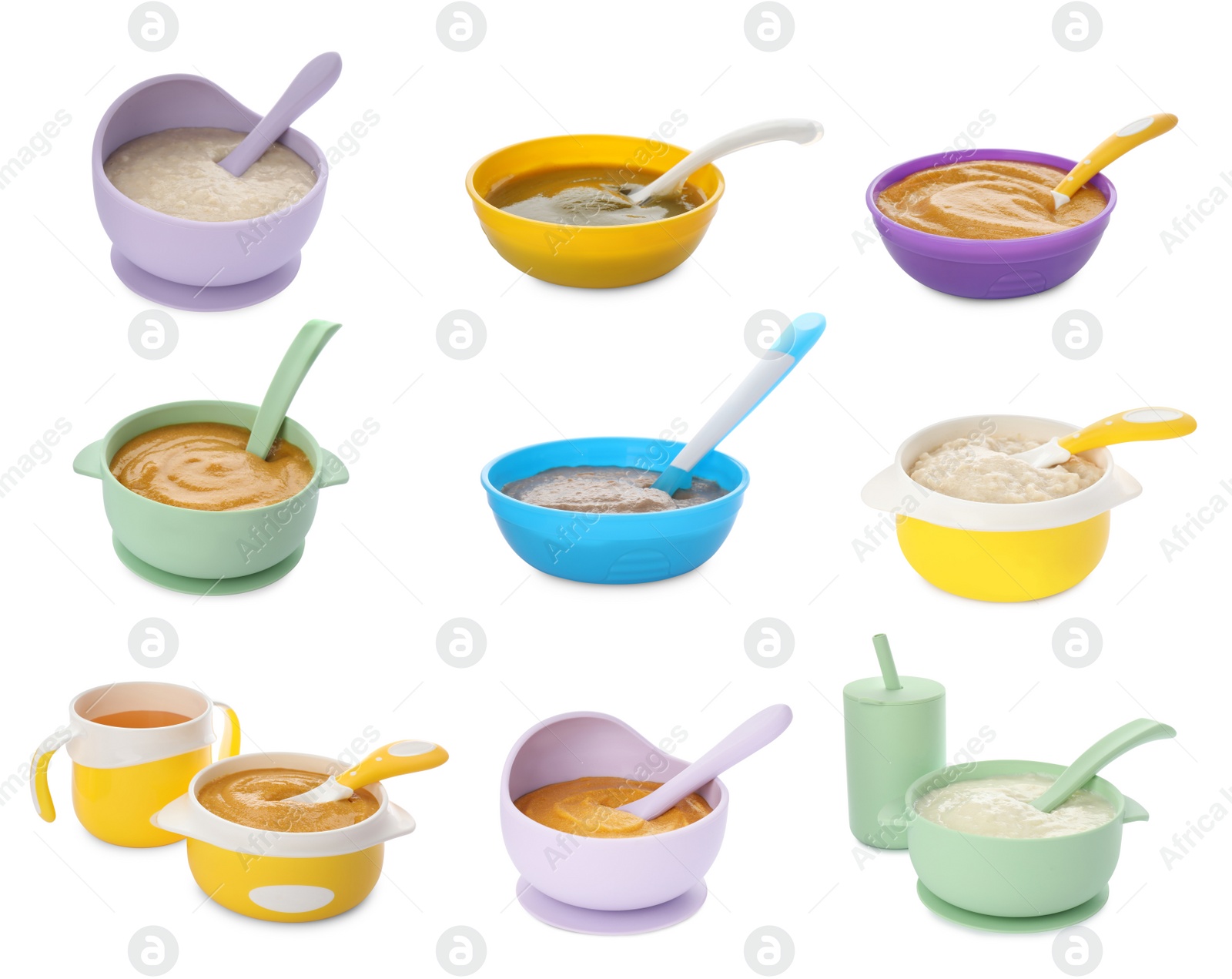 Image of Set with healthy baby food in different dishes on white background