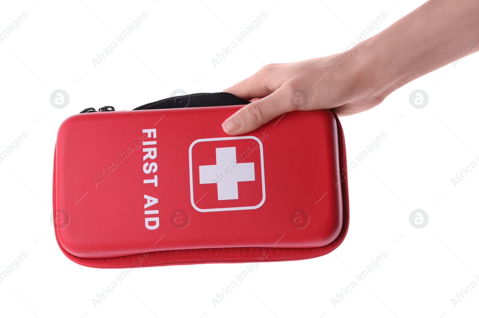 Photo of Woman holding first aid kit on white background, closeup