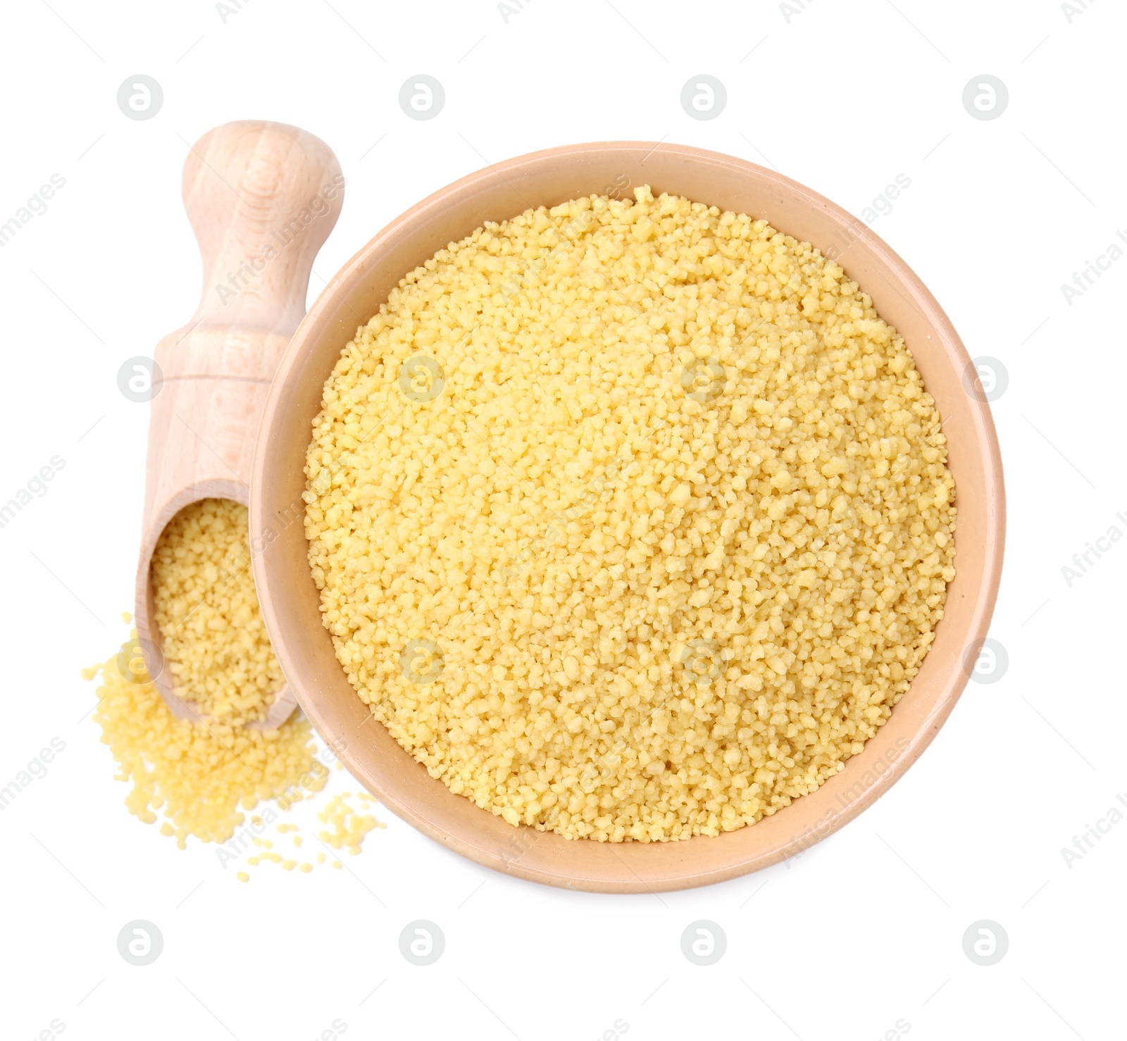 Photo of Bowl and scoop with raw couscous on white background, top view