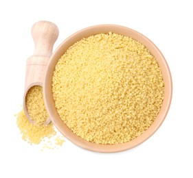 Photo of Bowl and scoop with raw couscous on white background, top view