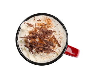Photo of Glass cup of delicious hot chocolate with whipped cream on white background, top view