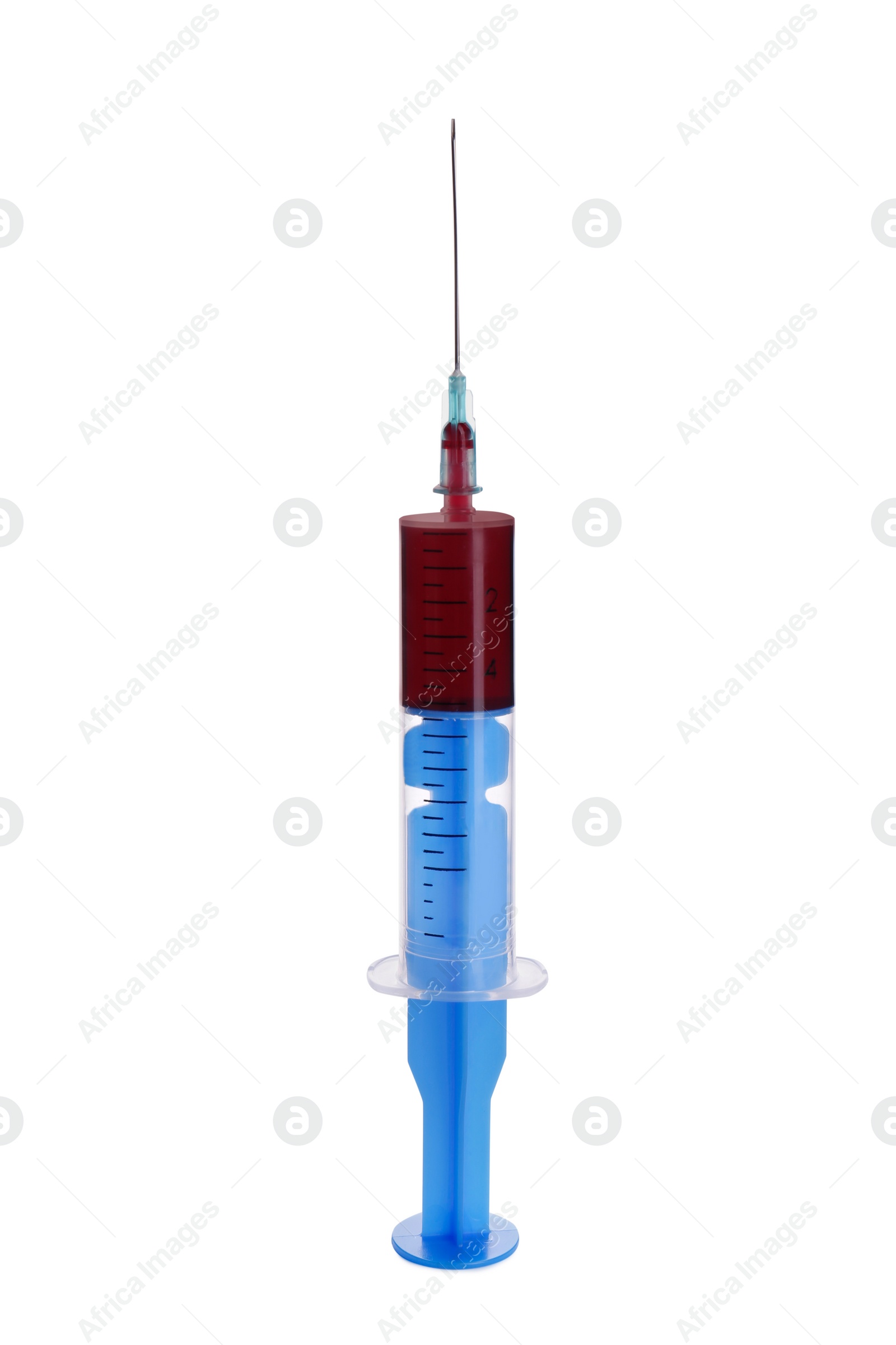 Photo of Plastic syringe with blood isolated on white