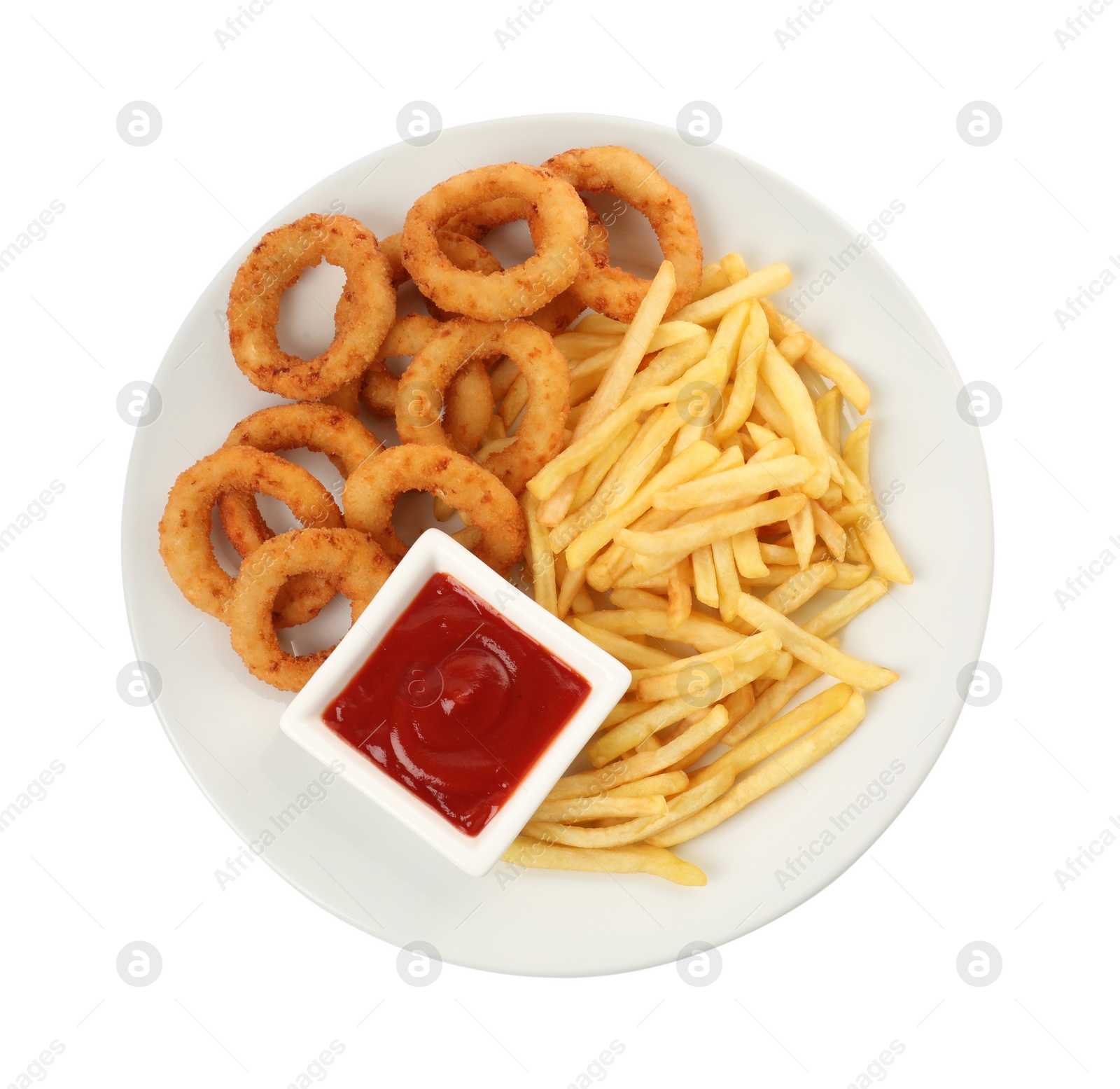 Photo of Tasty fried onion rings and french fries with ketchup on white background, top view
