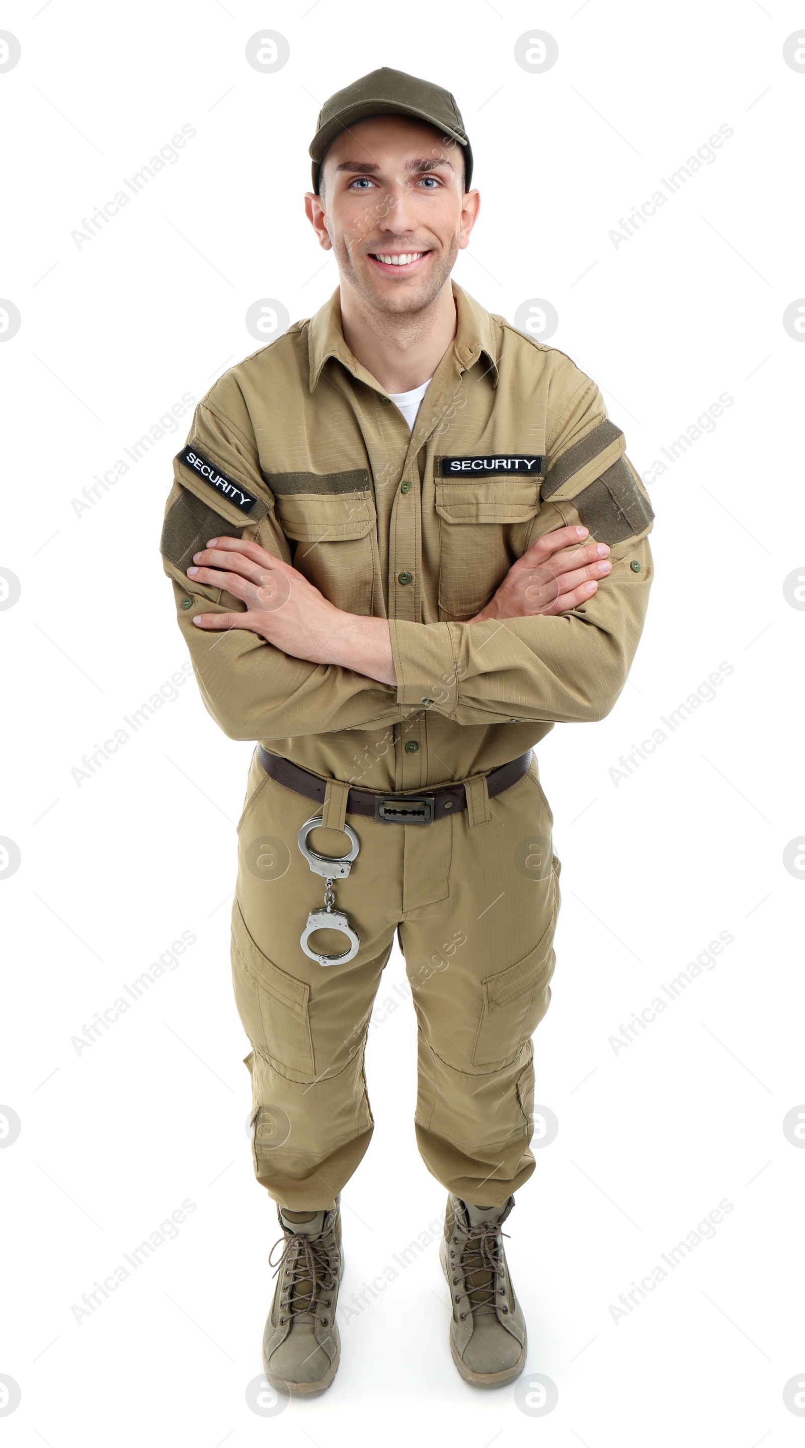 Photo of Male security guard in uniform on white background