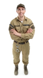 Male security guard in uniform on white background