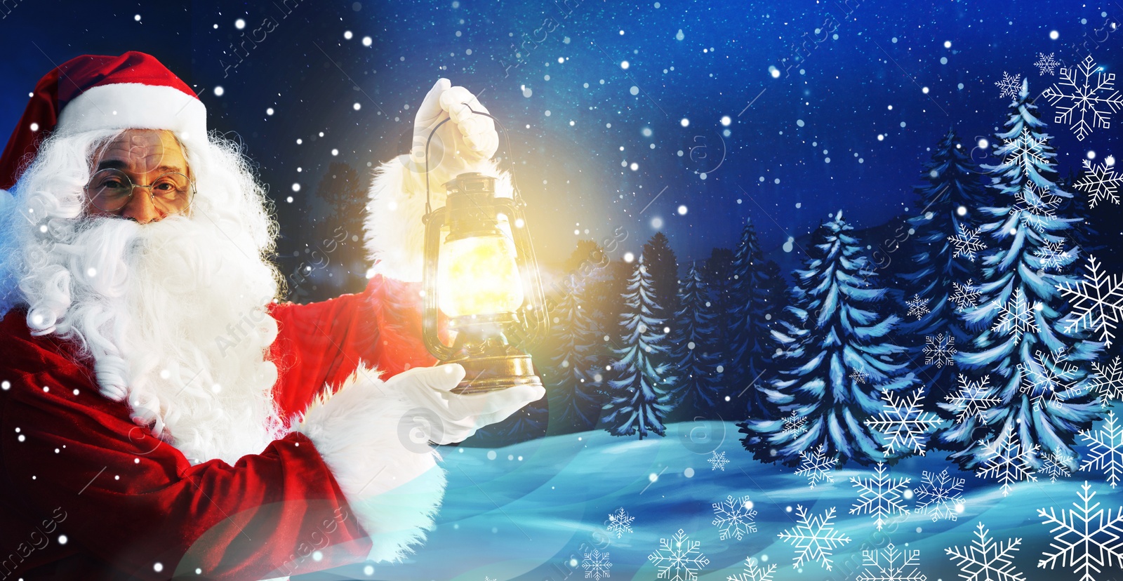 Image of Santa Claus with glowing lantern in winter forest. Christmas magic. Banner design