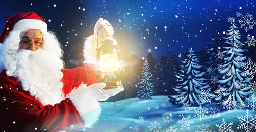 Image of Santa Claus with glowing lantern in winter forest. Christmas magic. Banner design