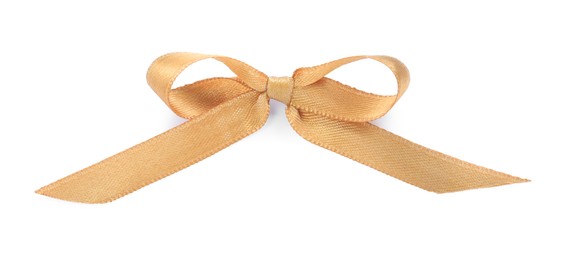 Photo of Beautiful golden ribbon tied in bow isolated on white, top view