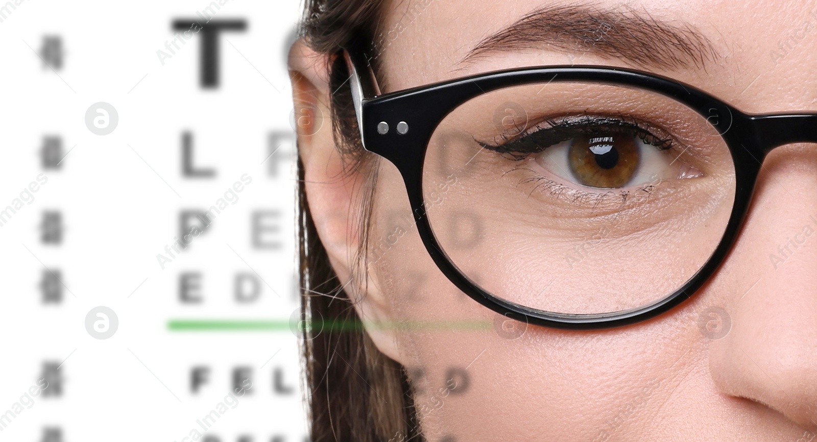 Image of Vision test. Woman in glasses and eye chart on white background, closeup. Banner design