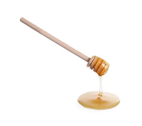 Photo of Fresh honey dripping from dipper on white background