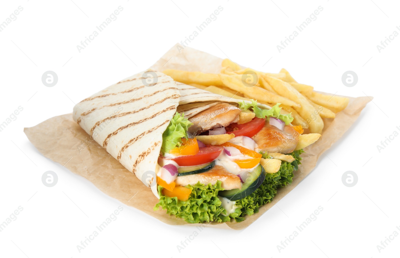 Photo of Delicious chicken shawarma and French fries on white background