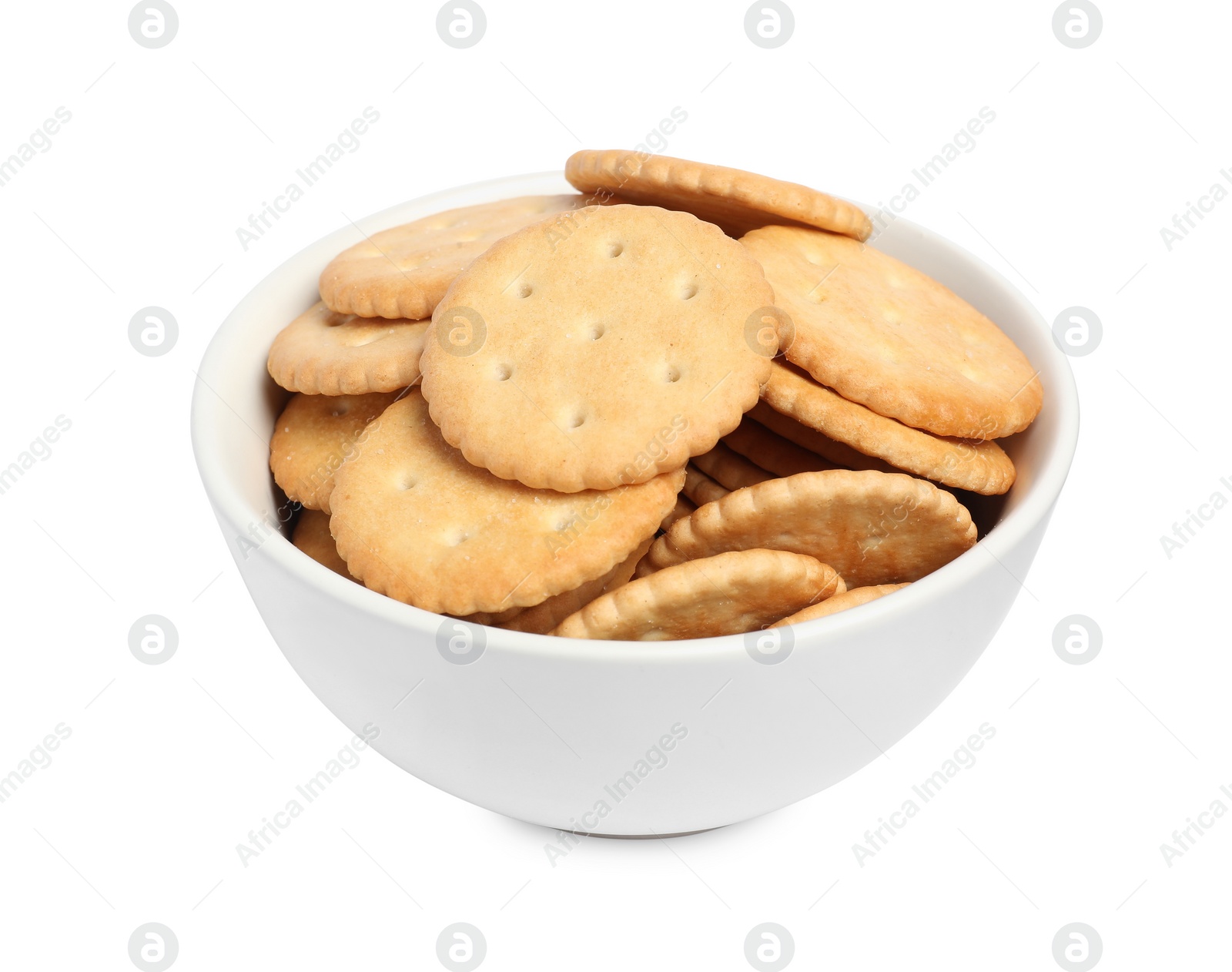 Photo of Tasty crackers in bowl isolated on white