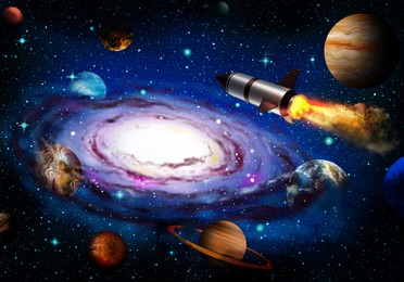 Rocket, planets and galaxy in deep space