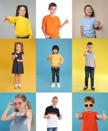 Collage with photos of kids showing thumbs up on different color backgrounds