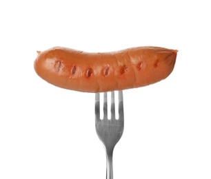 Photo of Fork with tasty cooked sausage on white background. Meat product