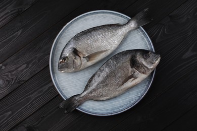 Fresh raw dorado fish on black wooden table, top view