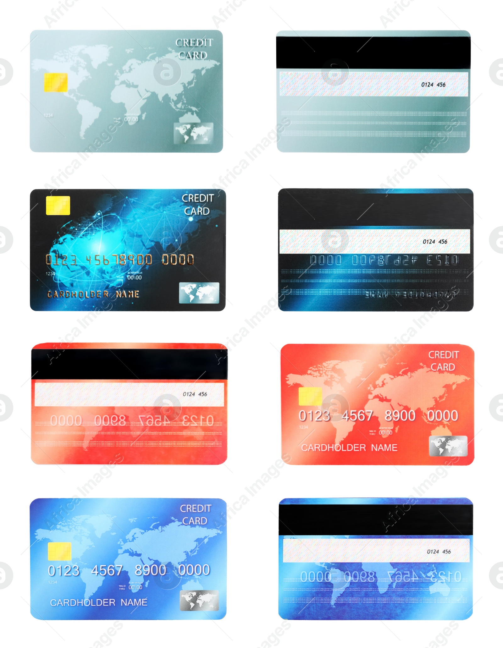 Image of Set of modern credit cards on white background, front and back views