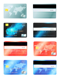 Set of modern credit cards on white background, front and back views