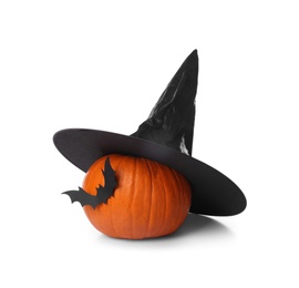 Photo of Orange pumpkin with witch hat and black paper bat isolated on white. Halloween decor