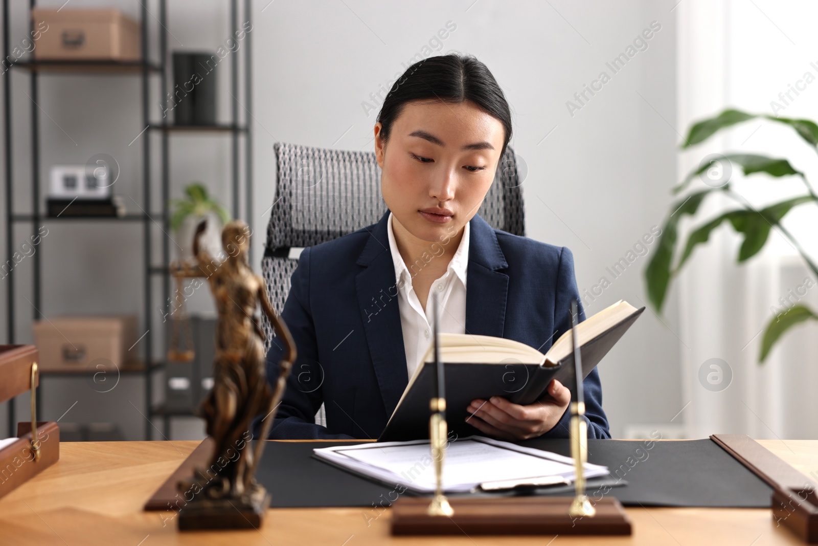 Photo of Notary reading book at table in office