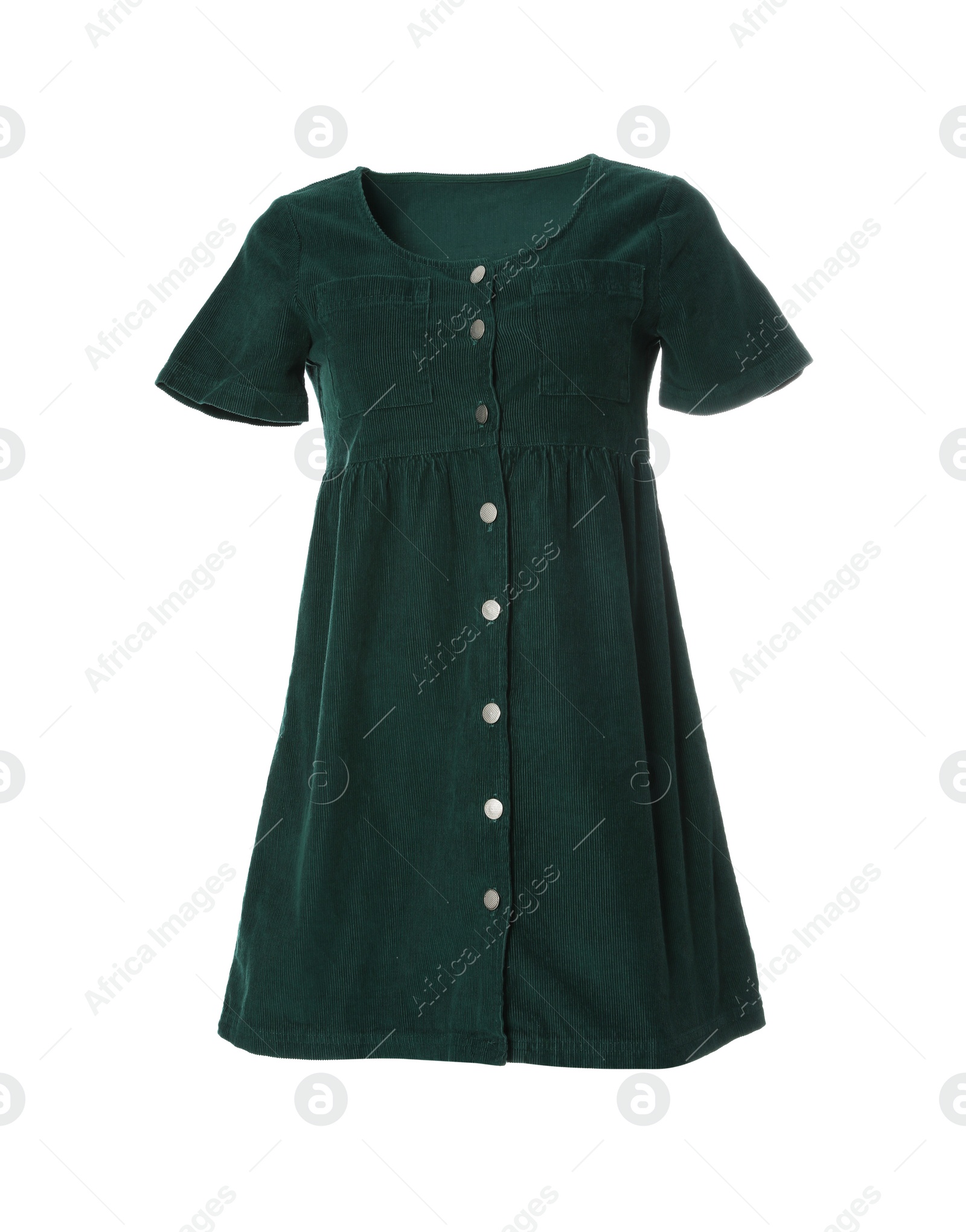 Photo of Stylish short dark green velour dress on white background
