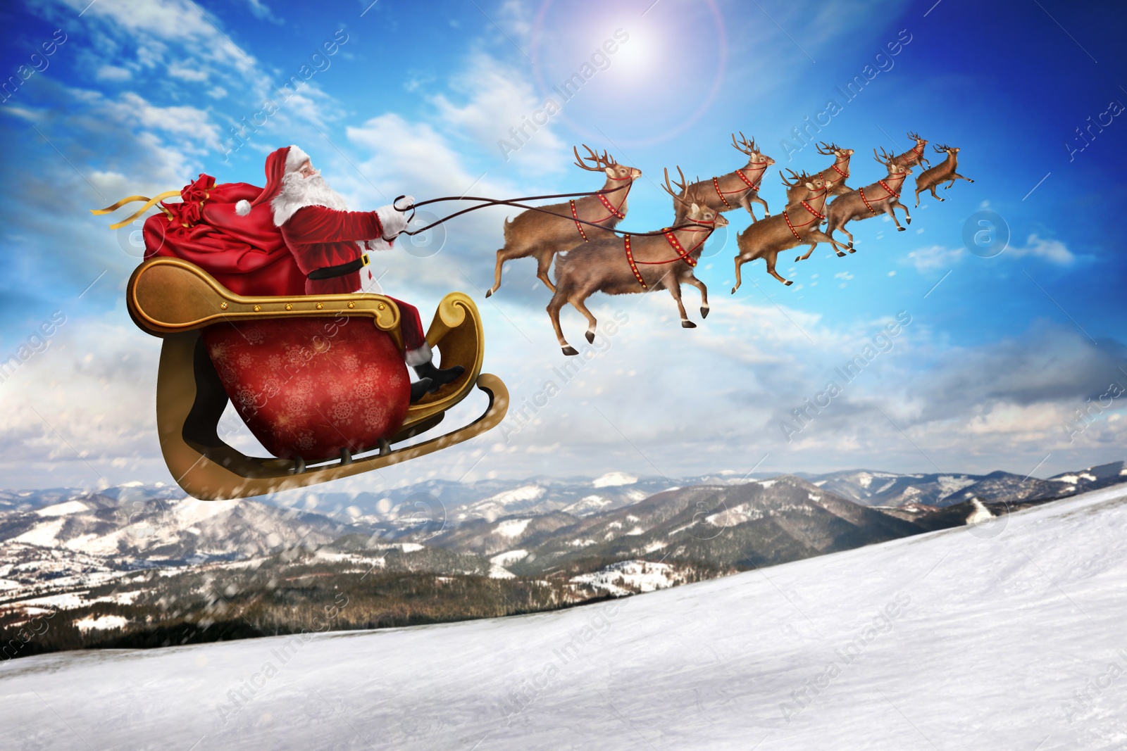 Image of Magic Christmas eve. Santa with reindeers flying in sky 