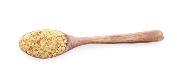 Photo of Wooden spoon with aromatic mustard powder on white background, top view