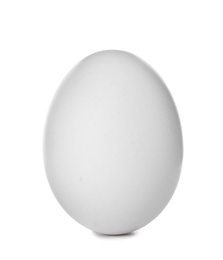 Photo of Single raw chicken egg on white background