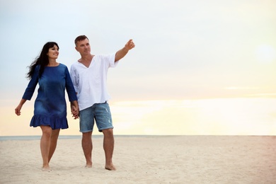 Happy mature couple walking together on sea beach at sunset. Space for text