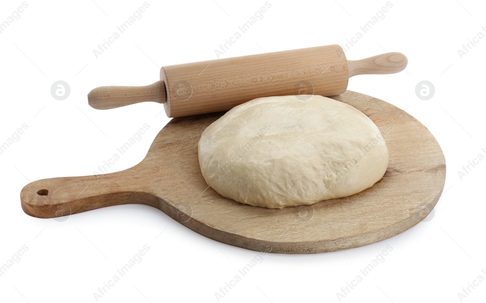 Photo of Fresh yeast dough and wooden rolling pin isolated on white